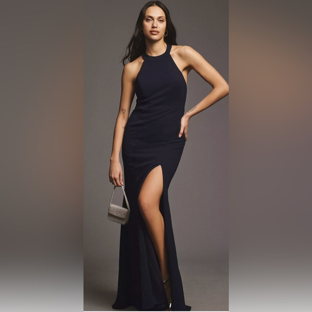 BHLDN Juliana Halter Open-Back Side-Slit Stretch Crepe Gown In Black Size 4 US